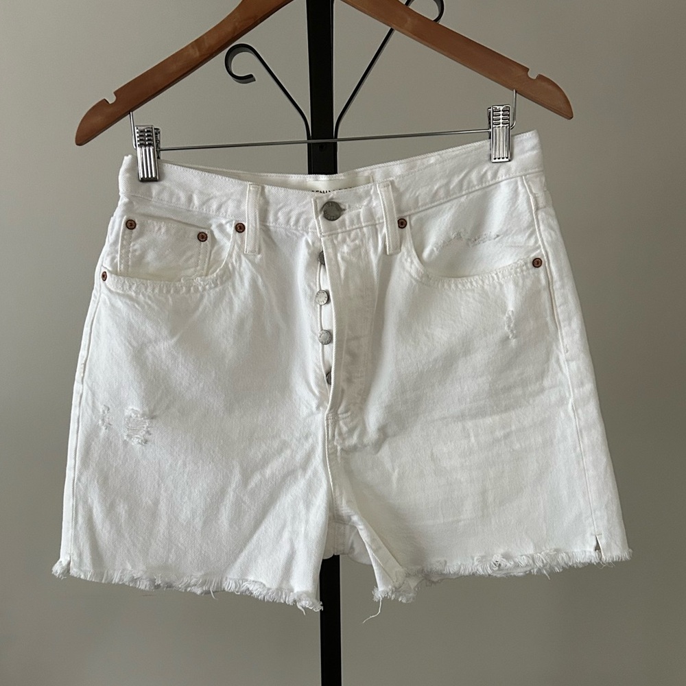 Denim Forum The Yoko Mid Thigh High-Rise White Denim Shorts, Size 29.